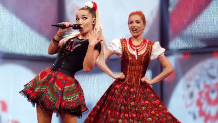 Donatan &amp; Cleo, représentantes de la Pologne au concours Eurovision de la chanson, à Copenhague (Danemark), le 9 mai 2014. (JORG CARSTENSEN / DPA / AFP)