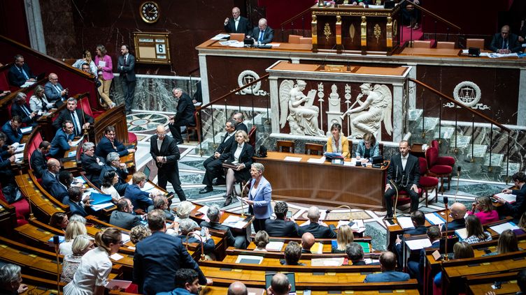 The Prime Minister, Elisabeth Borne, in front of the deputies, on June 6, 2023 at the National Assembly in Paris.  (XOSE BOUZAS / HANS LUCAS)