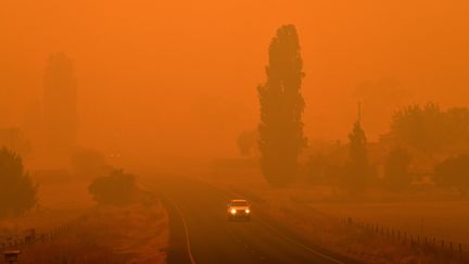 Une voiture sur une route enfumée en Australie, le 5 janvier 2020. (SAEED KHAN / AFP)