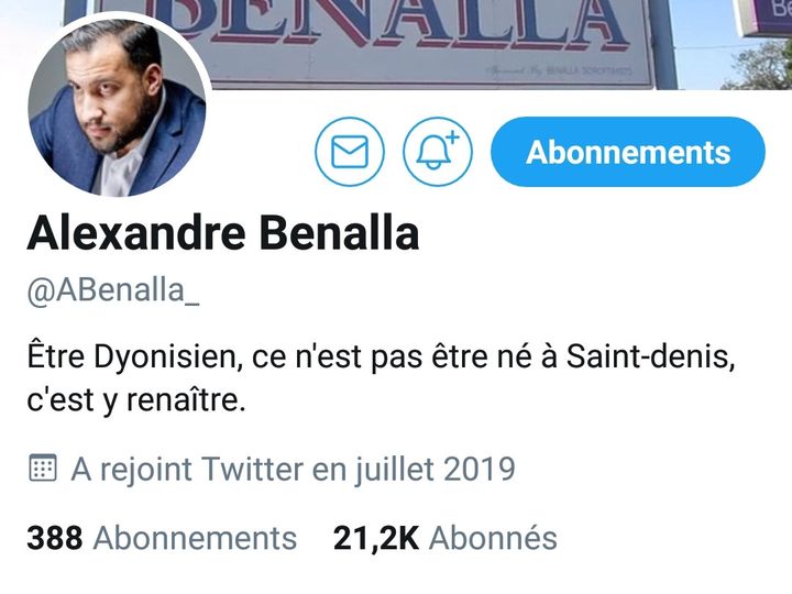 Capture d'écran du compte Twitter d'Alexandre Benalla, modifié depuis. (ALEXANDRE BENALLA / TWITTER)