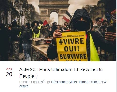 Capture d'écran de l'événement Facebook "Acte 23 : Paris Ultimatum et révolte du peuple" (CAPTURE ECRAN FACEBOOK)