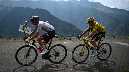 Le coureur slovène de l'équipe UAE Team Emirates, Tadej Pogacar et le coureur danois de l'équipe Jumbo-Visma, Jonas Vingegaard dans la montée de Peyragudes, le 20 juillet 2022, lors de la 17e étape du Tour de France 2022 (ANNE-CHRISTINE POUJOULAT / AFP)