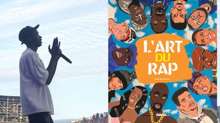 Le rappeur MHD lors de l'edition 2017 du festival des Francofolies de La Rochelle et la couverture de l'ouvrage "L'Art du Rap" de Jean-Eric Perrin. (SADAKA EDMOND/SIPA et EDITIONS PALETTE)