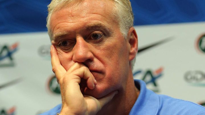 Le s&eacute;lectionneur des Bleus Didier Deschamps lors d'une conf&eacute;rence de presse, le 14 ao&ucirc;t 2012. (DAVID VINCENT/AP/SIPA / AP)