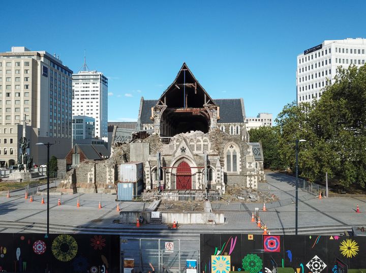 La cathédrale de Christchurch, le 21 février 2019, à la veille du huitième anniversaire du tremblement de terre qui avait fait 185 morts. (XINHUA / MAXPPP)