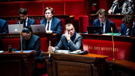 Le ministre du Travail, Olivier Dussopt, à l'Assemblée nationale, le 13 février 2023. (AMAURY CORNU / HANS LUCAS / AFP)