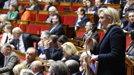 Marine Le Pen s'exprime pendant les débats sur la réforme des retraites à l'Assemblée nationale, à Paris, le 6 février 2023. (LUDOVIC MARIN / AFP)