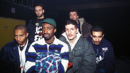 Les chanteurs du groupe IAM (Akhenaton, Shurik'n, Kheops, Imhotep, Kephren, Freeman) au Printemps de Bourges en avril 1994. (ERIC CATARINA / GAMMA-RAPHO / GETTY IMAGES)