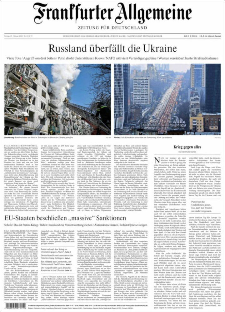 La une du quotidien allemand "Frankfurter Allgemeine" le 25 février 2022. (FRANKFUR)