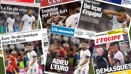 La presse française s'est emparée de la défaite des Bleus face à l'Espagne en demi-finale de l'Euro (2-1), en une, le 10 juillet 2024. (DR / FRANCEINFO: SPORT)