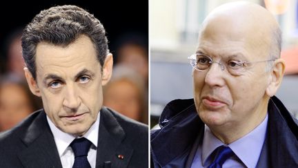 Nicolas Sarkozy (&agrave; gauche), le 6 mars 2012, et son ancien conseiller Patrick Buisson (&agrave; droite), en 2011. (LIONEL BONAVENTURE / AFP)