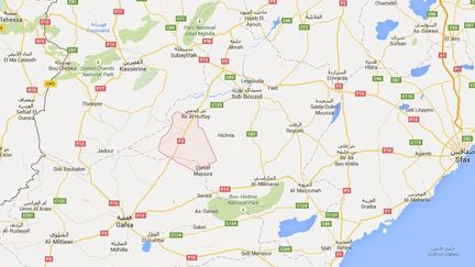 Capture d'&eacute;cran sur Google Maps de Sidi Ali Ben Aoun, en Tunisie, o&ugrave; des &eacute;changes de tirs ont tu&eacute; un jihadiste et trois policiers, le 15 juin 2015. ( GOOGLE MAPS)