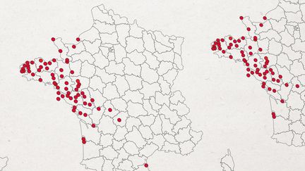 Visualisez, à l'aide de notre carte, les villes dans lesquelles des records historiques de température ont été&nbsp;relevés par Météo France,&nbsp;dans la journée du lundi 18 juillet 2022. (JEREMIE LUCIANI / FRANCEINFO)