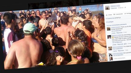 Photo publiée sur Facebook le 10 février 2016 du dauphin franciscain tiré des eaux&nbsp;par des touristes sur la plage&nbsp;de Santa Teresita à Buenos Aires (Argentine). (FACEBOOK)