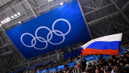 Un drapeau russe brandit en tribune, le 16 février 2018 à Gangwon (Corée du Sud). (BRENDAN SMIALOWSKI / AFP)