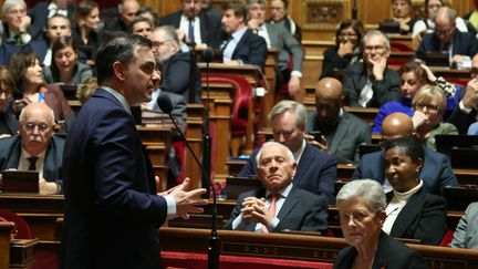 Le ministre du Budget Laurent Saint-Martin lors d'un discours devant le Sénat, le 26 novembre 2024, à Paris. (ALAIN JOCARD / AFP)