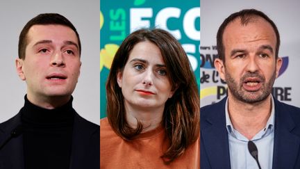 Jordan Bardella, Marine Tondelier et Manuel Bompard ont critiqué la ligne d'Emmanuel Macron sur l'Ukraine, jeudi 7 mars 2024. (STEPHANE DE SAKUTIN / DIMITAR DILKOFF / AFP / AMAURY CORNU HANS LUCAS VIA AFP)