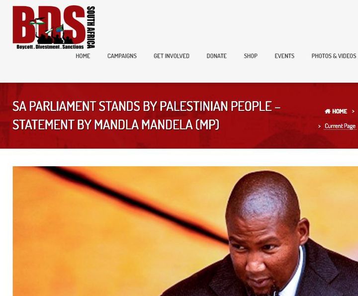 Mandla Mandela, sur le site de la campagne «BDS» d'Afrique du Sud (capture d'écran) (DR)