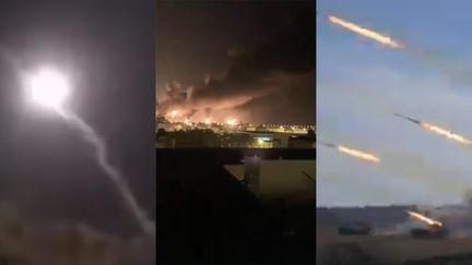 Images diffusées sur les réseaux sociaux censées montrer les frappes iraniennes sur des bases de la coalition contre Daech en Irak. (CAPTURES D'ECRAN)