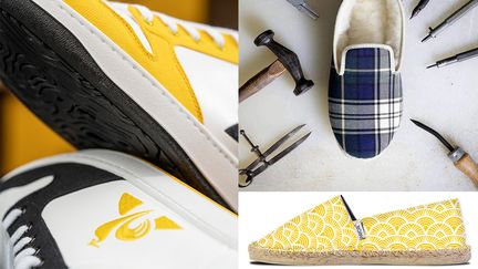 Des produits mode fabriqués en France : sneaker Terra pour Café Joyeux X Le Coq Sportif, charentaise de l'Atelier Charentaises et espadrille Payote (de gauche à droite) (DR)