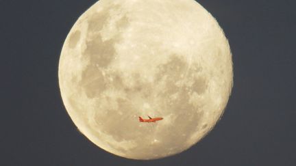 Un avion de la compagnie Virgin passe devant la pleine lune au d&eacute;collage &agrave; Sydney (Australie), le 12 juin 2014. (JASON REED / REUTERS)