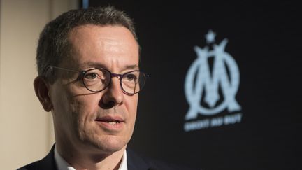 Le président de l'Olympique de Marseille, Jacques-Henri Eyraud, lors d'une conférence de presse à Marseille (Bouches-du-Rhône), le 23 mai 2018.&nbsp; (BERTRAND LANGLOIS / AFP)