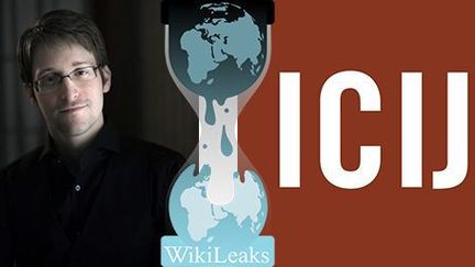 Le lanceur d'alerte américain Edward Snowden et les logos de Wikileaks et de l'ICIJ, organisations à l'origine de révélations majeures depuis 2010 (Géopolis)