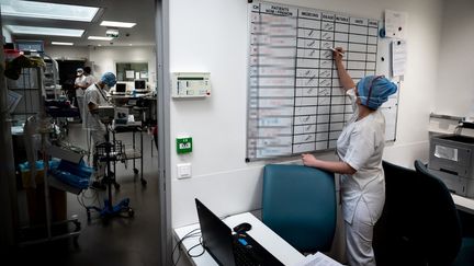 Dans l'unité de soins intensifs Covid-19 de l'hôpital Lyon Sud, à Pierre-Bénite, près de Lyon, le 7 avril 2021. (JEAN-PHILIPPE KSIAZEK / AFP)