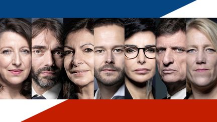 Les sept candidats à la mairie de Paris participant au débat du service public, le 10 mars 2020. (ERIC FEFERBERG, JOËL SAGET, BERTRAND GUAY / AFP / RADIO FRANCE / STEPHANIE BERLU)