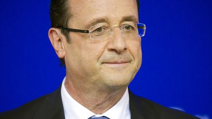 Le pr&eacute;sident de la R&eacute;publique, Fran&ccedil;ois Hollande, lors d'une conf&eacute;rence de presse &agrave; Bruxelles (Belgique), le 24 mai 2012. (LIONEL BONAVENTURE / AFP)