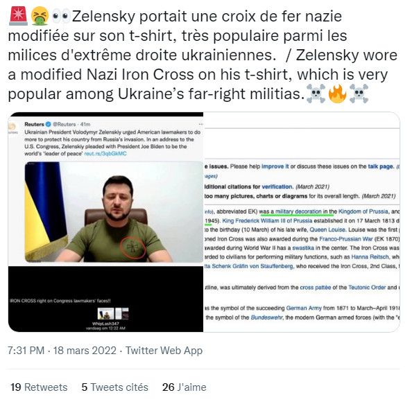 Cette publication du 18 mars 2022 prétend que Volodymyr Zelensky s'affiche avec un symbole nazi sur son tee-shirt. En réalité, c'est le logo des forces armées ukrainiennes. (CAPTURE D'ECRAN TWITTER)