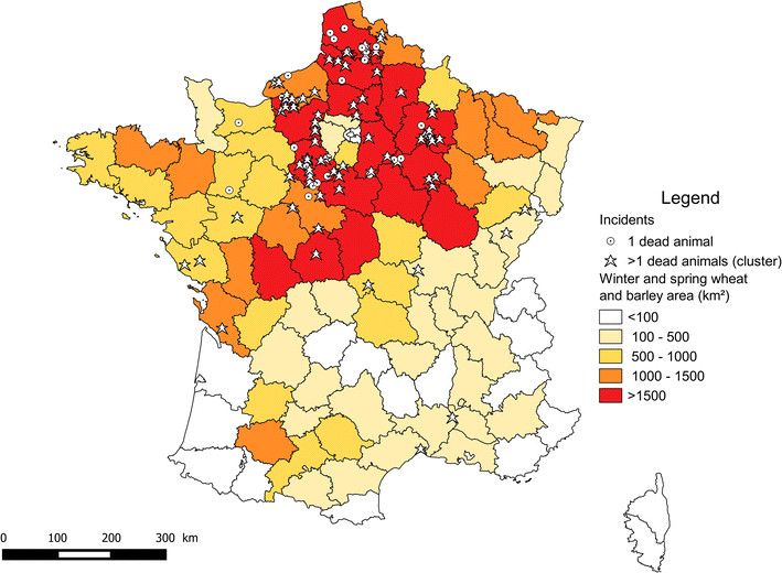 Cas suspects d'oiseaux empoisonnés entre 1995 et 2014, principalement localisés dans le centre-nord de la France, zones de culture intensive de céréales.&nbsp; (SAGIR / ONCFS)