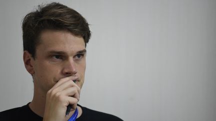 L'ancien champion de natation Yannick Agnel, lors d'une conférence de presse aux championnats du monde de natation 2019 à Gwangju (Corée du Sud), le 20 juillet 2019.&nbsp; (STEPHANE KEMPINAIRE / AFP)