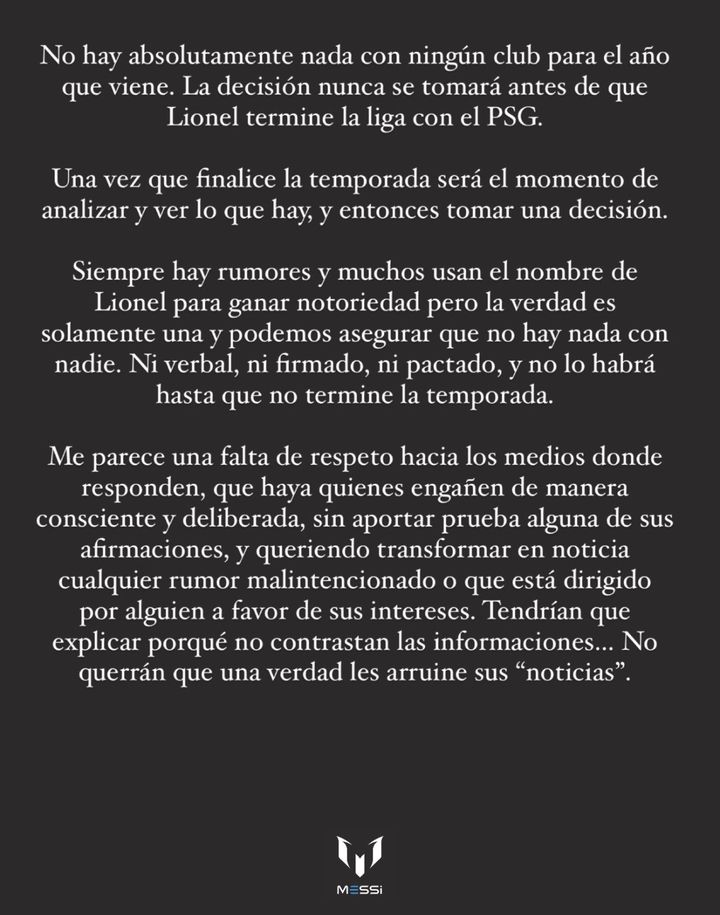 Le communiqué publié par Jorge Messi sur son compte Instagram le 9 mai 2023. (JORGE MESSI / INSTAGRAM)