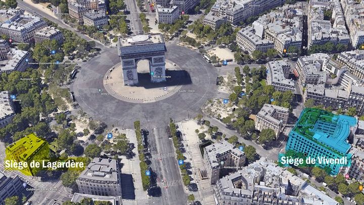 En jaune, à gauche, le siège du groupe Lagardère dans le 16e arrondissement de Paris, et en bleu, le siège de Vivendi dans le 8e arrondissement. (GOOGLE EARTH)