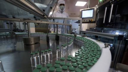 Un employé devant une chaîne de production du vaccin d'AstraZeneca au Serum Institute de Pune (Inde), la plus grande usine de fabrication du vaccins au monde, le 21 janvier 2021. (RAFIQ MAQBOOL / AP / SIPA)