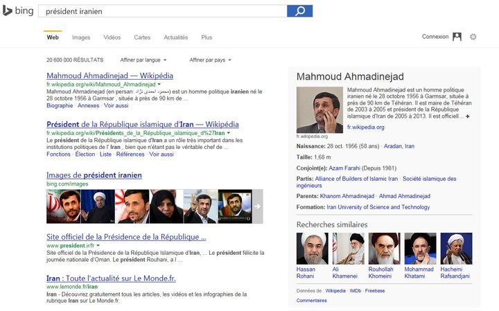 Capture d'&eacute;cran de la page r&eacute;sultat lorsque l'on tape "pr&eacute;sident iranien" dans le moteur de recherches Bing. (BING.COM)