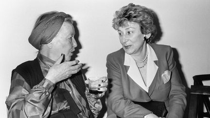 Simone de Beauvoir, écrivaine (à gauche) et Yvette Roudy, ministre du Droit des Femmes (à droite)
. (JACQUES DEMARTHON / AFP)