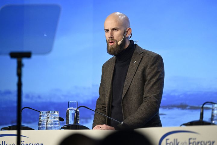 Swedish Defense Minister Carl-Oskar Bohlin during the National Conference on Society and Defense in Sälen, Sweden, January 7, 2024. (PONTUS LUNDAHL / MAXPPP)