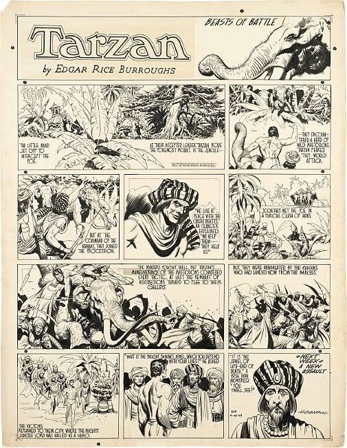 Burne HOGARTH : "Tarzan - Beast of Battle".&nbsp;Encre de Chine, encre rouge et collage pour une Sunday page « 633 » publiée le 25 avril 1943 par United Feature Syndicate. Titre imprimé et collé. Signé. (ARTCURIAL)