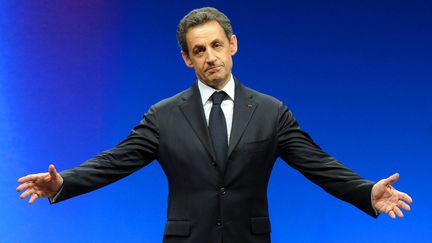 Nicolas Sarkozy lors d'un meeting de campagne, &agrave; Montpellier (H&eacute;rault), le 28 f&eacute;vrier 2012. (PASCAL GUYOT / AFP)