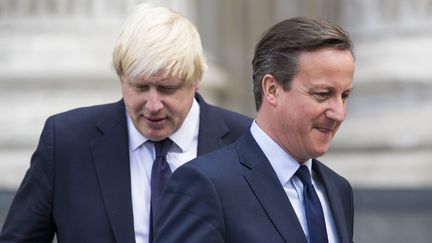 Boris Johnson (à gauche), alors maire de Londres, et David Cameron, alors Premier ministre britannique, le 7 juillet 2015, à Londres (Royaume-Uni). (JACK TAYLOR / AFP)