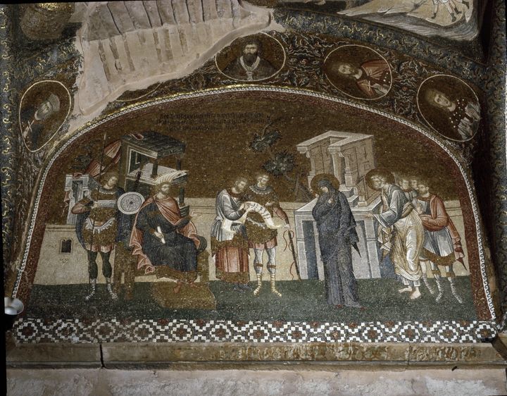 "Le recensement, Marie et Joseph devant Herode Ier le Grand (73 av. JC-4 av. JC)" Mosaique de 1310-1320. Eglise Saint-Sauveur-in-Chora (Saint Sauveur in Chora ou Kariye Camii). (leemage via AFP)