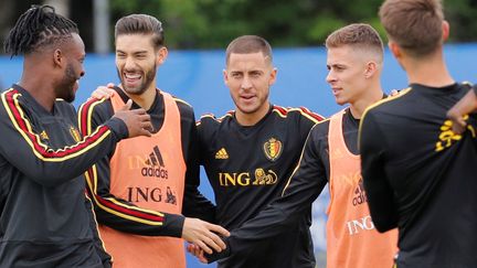 Les joueurs belges à l'entraînement, le 9 juillet 2018, en marge de la demi-finale de la Coupe du monde face à l'équipe de France. (LAVANDEIRA JR / EFE / MAXPPP)