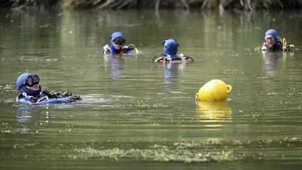 Des gendarmes recherchent la petite Maëlys dans un étang près de Pont-de-Beauvoisin (Savoie), le 30 août 2017. (PHILIPPE DESMAZES / AFP)