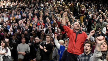 Meeting du candidat de La France insoumise, Jean-Luc Mélenchon à Chassieu&nbsp;(Rhône), le 5 février&nbsp;2017. (JEAN-PHILIPPE KSIAZEK / AFP)