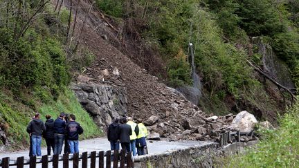 Eboulement sur la route de la Tin&eacute;e (Alpes-Maritimes) le 28 avril 2013. (ERIC DULIERE / MAXPPP)