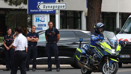 Fires and an explosion occurred in front of the synagogue in La Grande-Motte, in Hérault, on August 24, 2024. (PASCAL GUYOT / AFP)