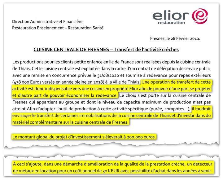 Extraits de l’étude de rentabilité du projet de transfert de l’activité crèches, réalisée par la direction financière d’Elior. (DR)