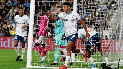 Le Marseillais Luis Henrique célèbre son but face à Montpellier en Ligue 1, le 20 octobre 2024. (PASCAL GUYOT / AFP)